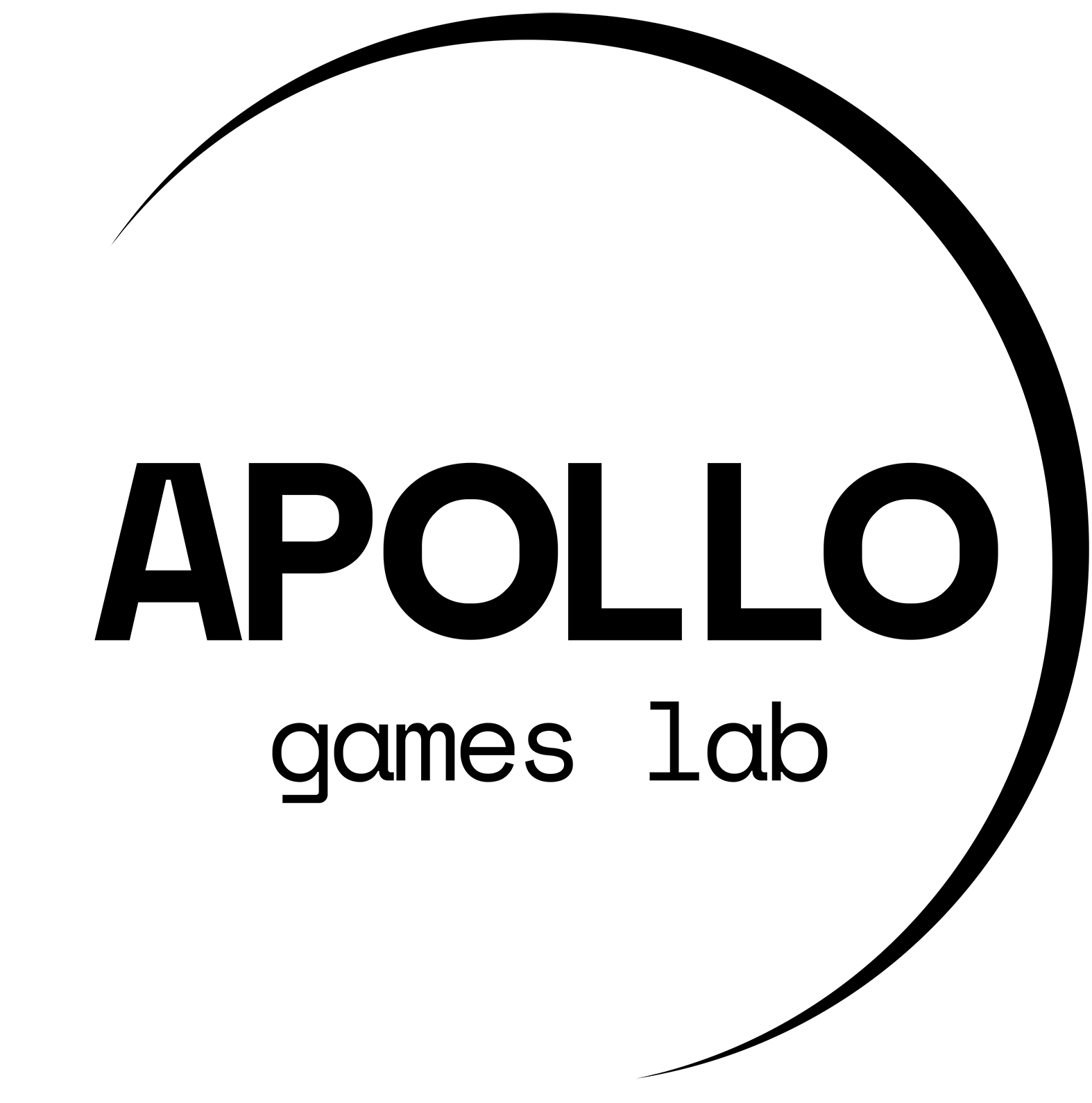 Apollo games - Logo preto Logotipo do estúdio de jogos Apollo Games. Trata-se da palavra “Apollo Games Lab” escrita em preto. Em volta dessa palavra, há um meio circulo preto.