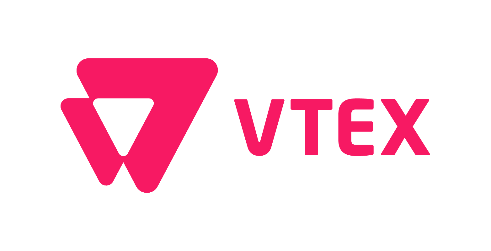 Logotipo da empresa VTEX. Trata-se do nome “VTEX” em rosa. Do lado esquerdo, há um triangulo rosa estilizado.