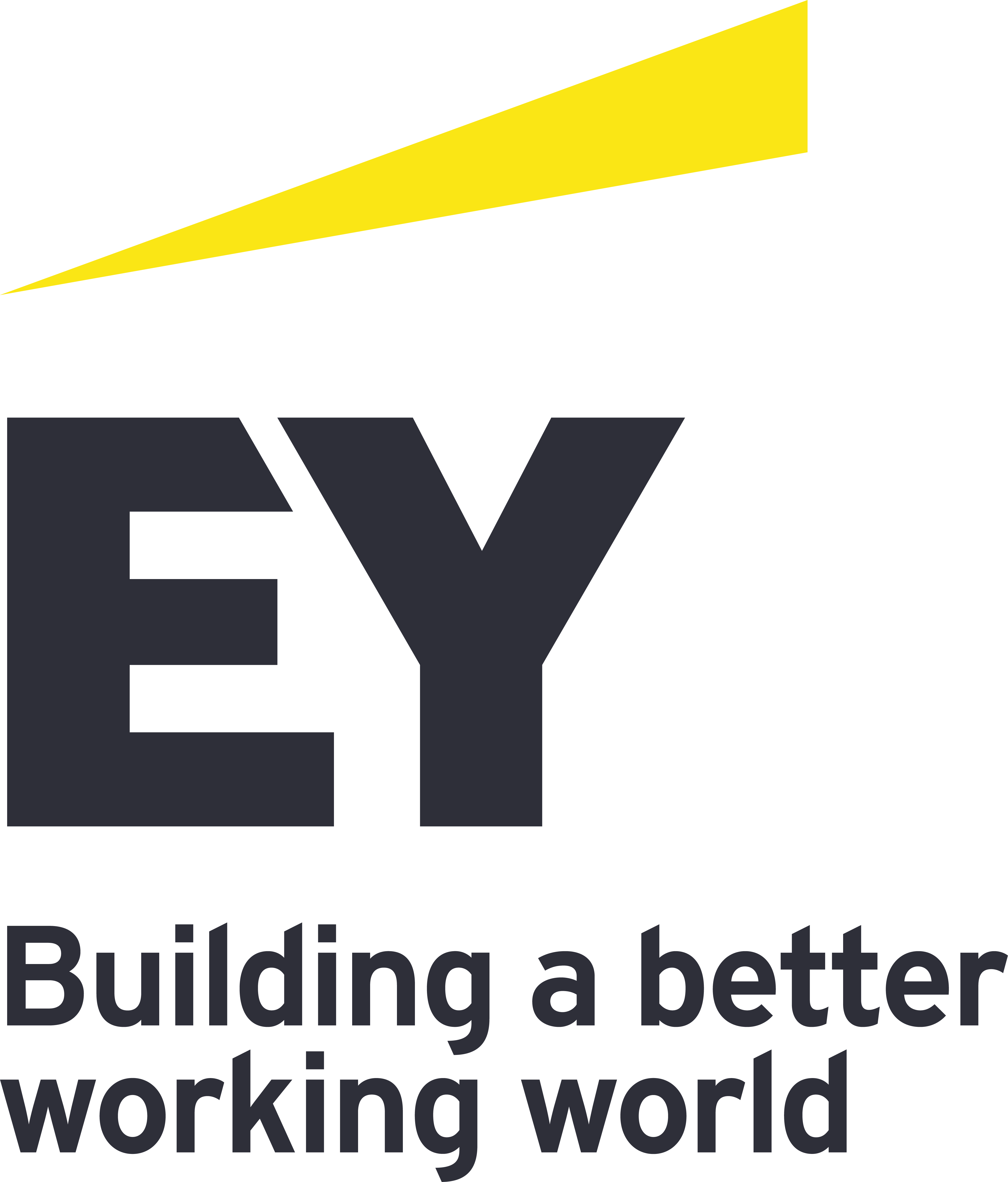 Logotipo da empresa EY. Trata-se da palavra “EY” escrita em preto. Abaixo disso, há uma frase “Building a better working world”. Acima do “EY”, há uma forma abstrata amarela.
