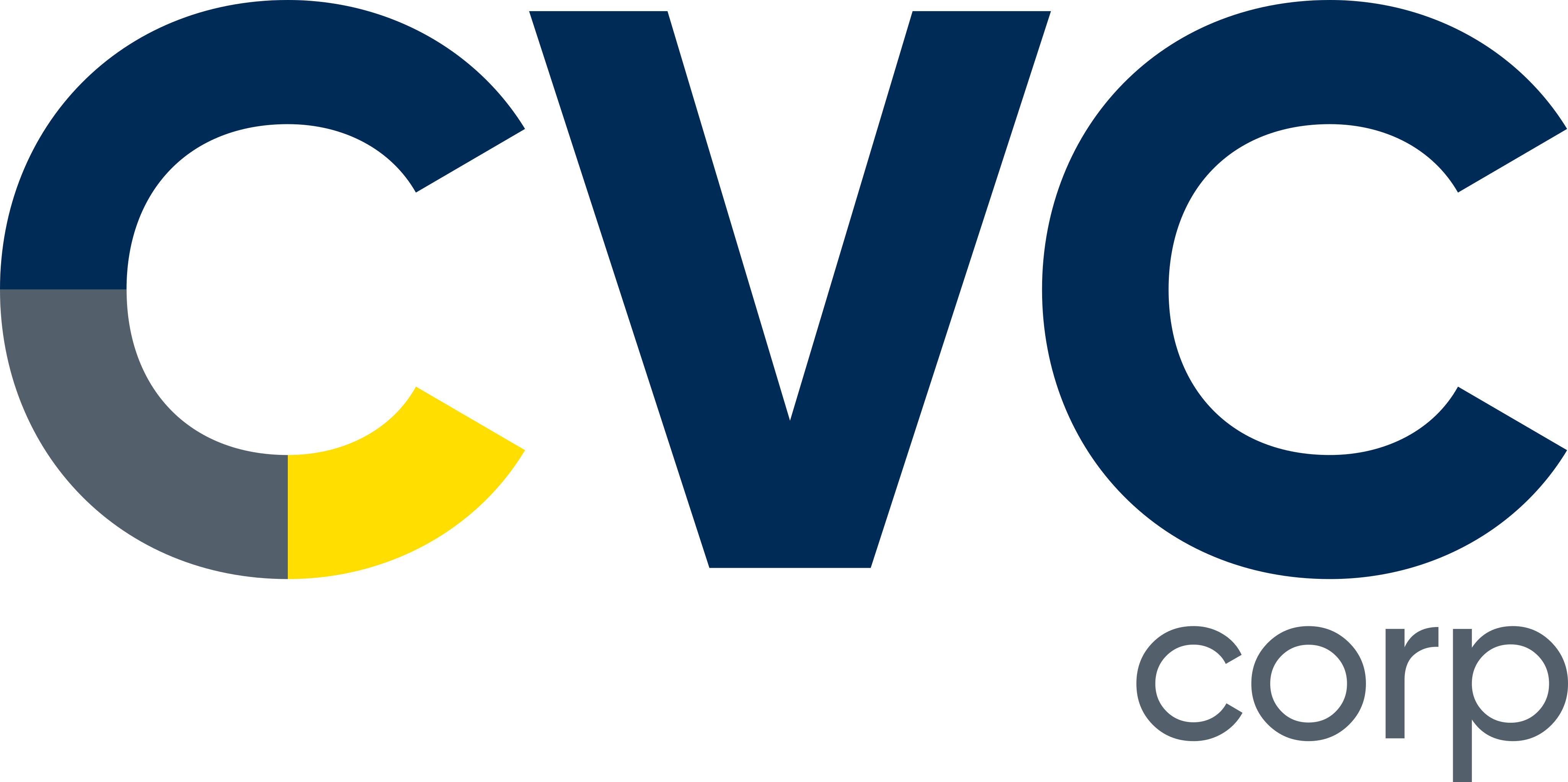 Logotipo da empresa CVC Corp. O nome “CVC” está escrito na cor azul com detalhes em amarelo. Abaixo do “C”, está a palavra “Corp” em cinza.