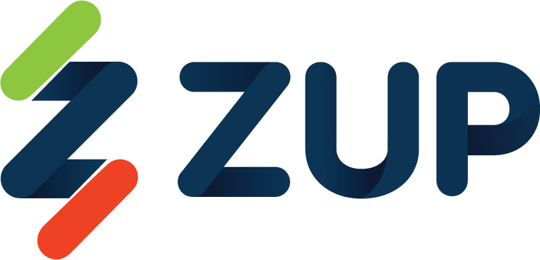 logo zup Logotipo da Zup. Trata-se da palavra “Zup” escrita em alto-relevo. Do lado esquerdo, há o símbolo abstrato que parece um raio - nas cores azul, verde e vermelho.