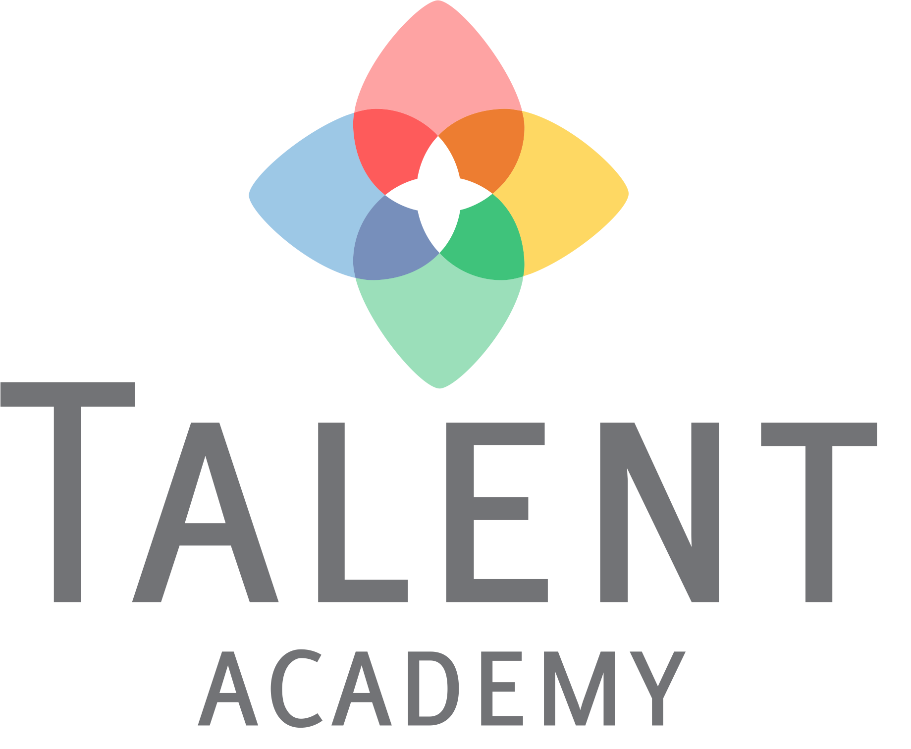 logo talent academy Logotipo da empresa Talent Academy. As palavras “Talent Academy” estão escritas em cinza. Acima disso, há uma forma de flor em quatro cores: vermelho, azul, amarelo e verde.
