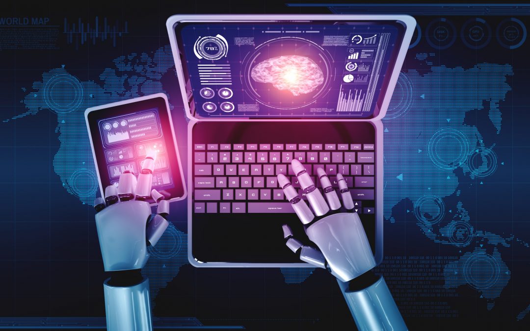 Mostra duas mãos de um robô mexendo em um computador e do computador sai uma luz roxa