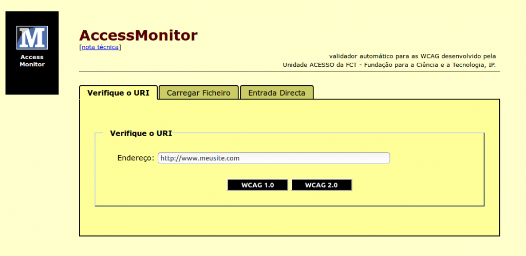 Página incial do Access monitor para você inserir sua URL e testar de acordo com as diretrizes de acessibilidade.
