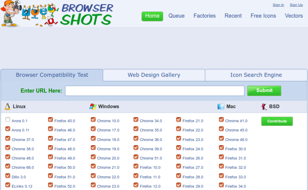 BrowserShots. Na primeira tela você filtra os sistemas e navegadores nos quais quer testar.
