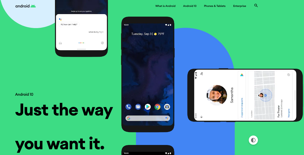 Apresentação do site do Android 10 em Março de 2020